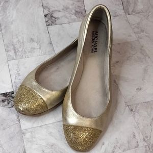 Michael Kors gold metallic leather and glitter flats